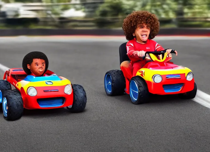 Image similar to peter dinklage racing emmanuel lewis driving a little tikes cars, movie still, from the new fast and furious movie, 8 k, realistic