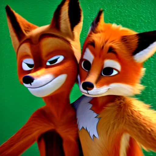 Image similar to an hd photo of nick wilde hugging fox mccloud, furry