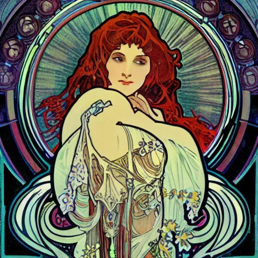 Image similar to a beautiful female necromancer surrounded by skulls by Alphonse Mucha