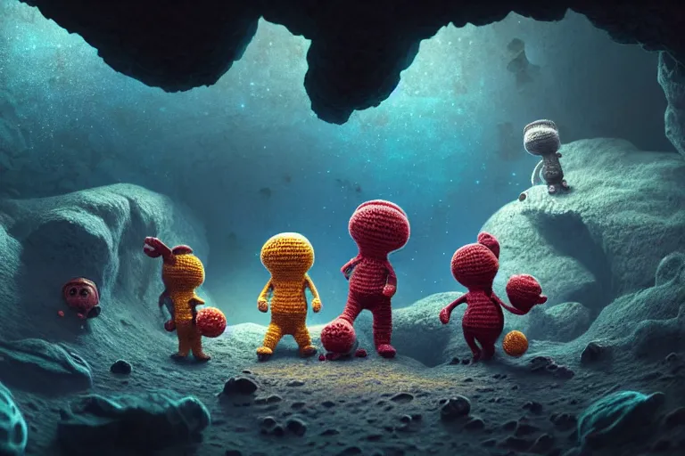 Image similar to an expedition of crochet astronauts discovering a mysterious cave underwater. cute, illustration, digital art, inspired by little big planet, by greg rutkowski, detailed, sharp, masterpiece, highly detailed, photorealistic, octane render, 8 k, unreal engine 5, trending on artstation, vivid colors