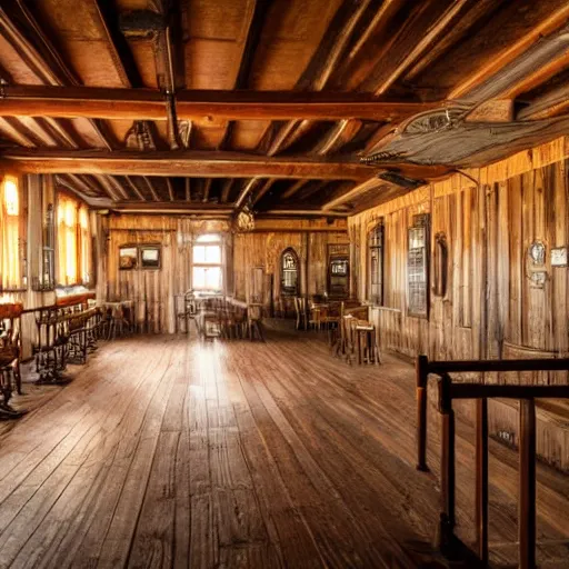 Image similar to Empty Old West Saloon at the break of day with a Grand Piano and Staircase, dust particles in the air, god beams coming through the windows, hyper realistic, HD, DLSR Camera