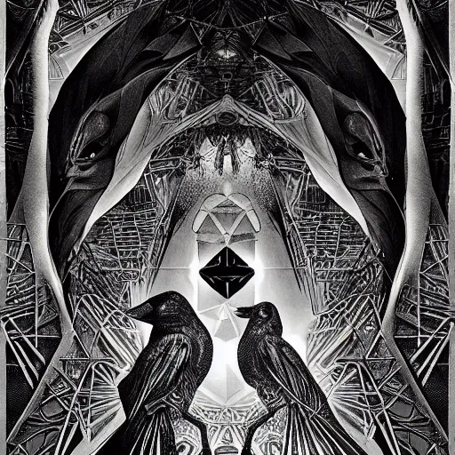 Image similar to crows at a architectural complex with an occult witch by Android Jones and M. C. Escher collaboration, futurist, digital art, dramatic lighting, symbolic