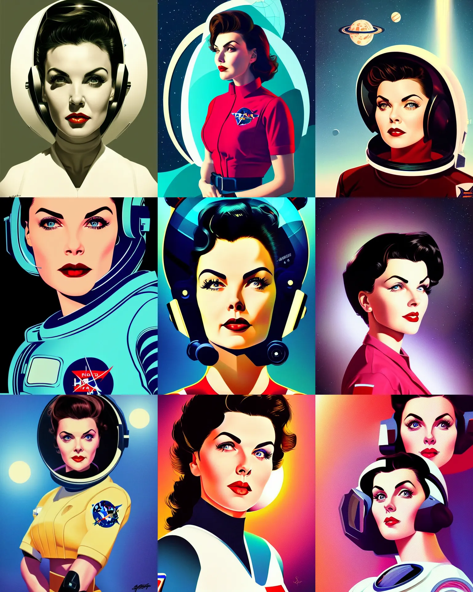 Prompt: sherilyn fenn 2 6 years old astronaut, retro futurism, half portrait by stanley artgerm, dramatic lighting, ilya kuvshinov, trending on artstation, flat colour, geometric curves, gradient filter, pleasing tone colours, art deco patterns