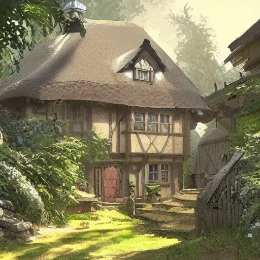 Prompt: concept art painting of an english european cottage with japanese architecture, in the woods, cozy, realistic, detailed, cel shaded, in the style of makoto shinkai and greg rutkowski and james gurney