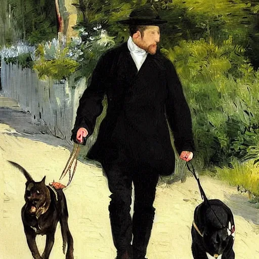 Image similar to Tom Hardy walking a dogs by Edouard Manet