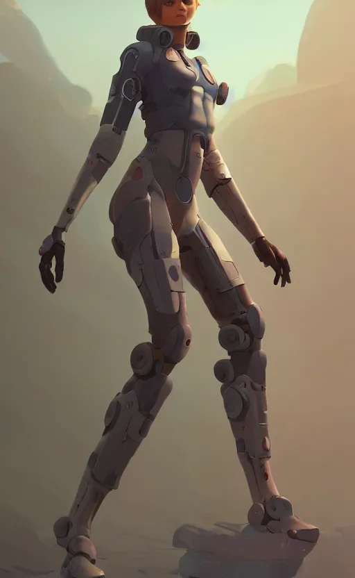 Prompt: sci fi female character, muted colored bodysuit, sci-fi large mech boots that go up to the thigh, thick mechanical leg accessory, soft lighting, wojtek fus, by Makoto Shinkai and Ilya Kuvshinov,