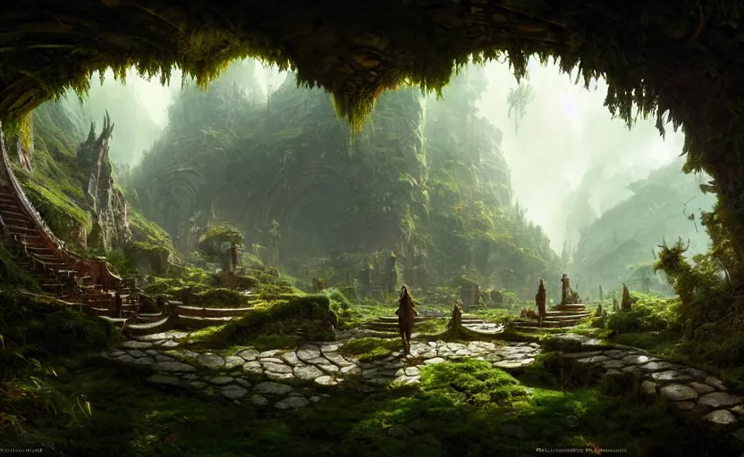 Image similar to worm's eye view of a elven headquarters carved inside a mountain above a lush garden, neat and tidy, magical, natural light, fantasy, sharp focus, concept art, by greg rutkowski and craig mullins, cozy atmospheric and cinematic lighting, trending on artstation