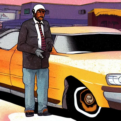Prompt: old black man in car, gta san andreas art
