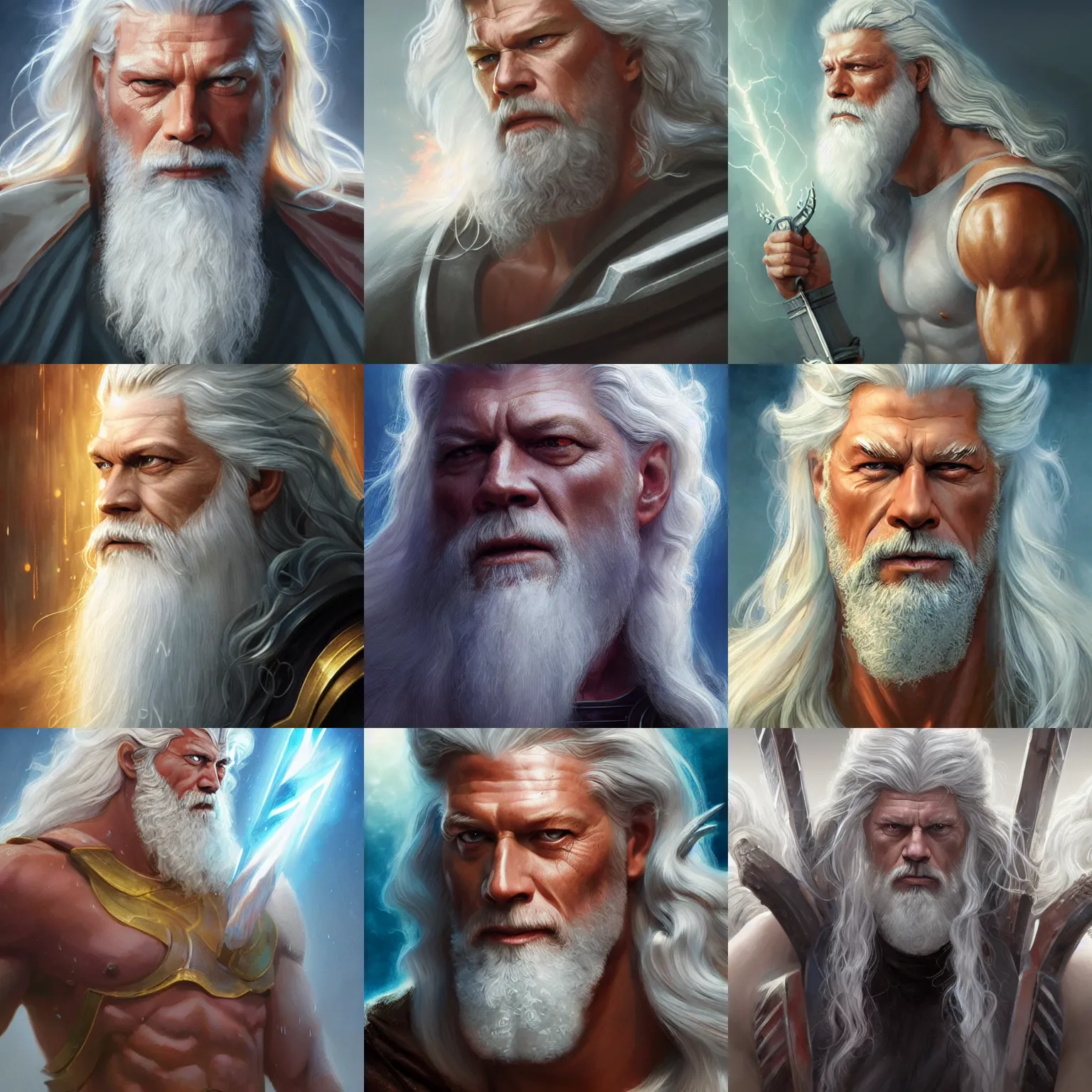 Image similar to zeus, god of thunder, stephen lang, long white hair, lightning, D&D, fantasy, highly detailed, digital painting, trending on artstation, concept art, sharp focus, illustration, art by artgerm and greg rutkowski and magali villeneuve