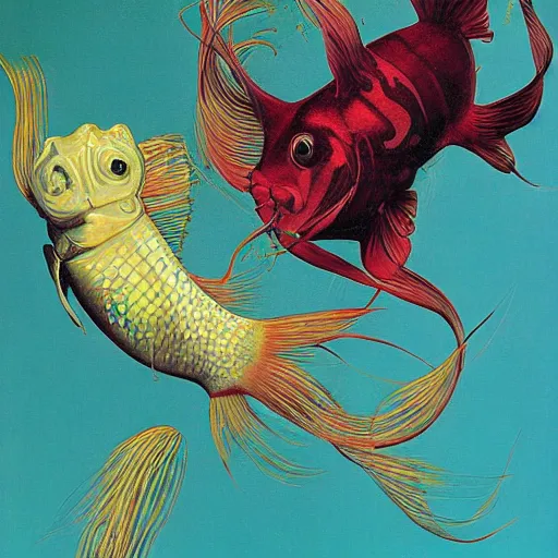 Prompt: goldfish tearing the fabric of reality by gerald brom and andy warhol