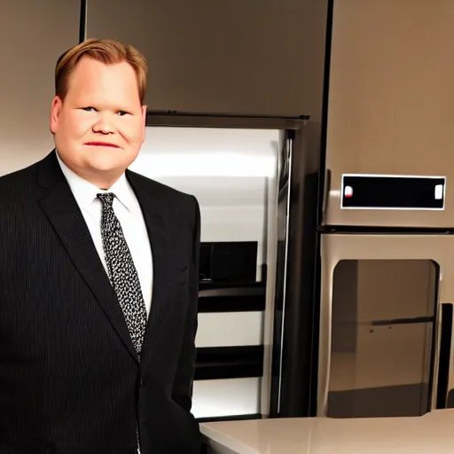 Prompt: Andy Richter is wearing a black suit and necktie and standing in a kitchen in front of an open refrigerator. There is a bright white light coming from inside the refrigerator.