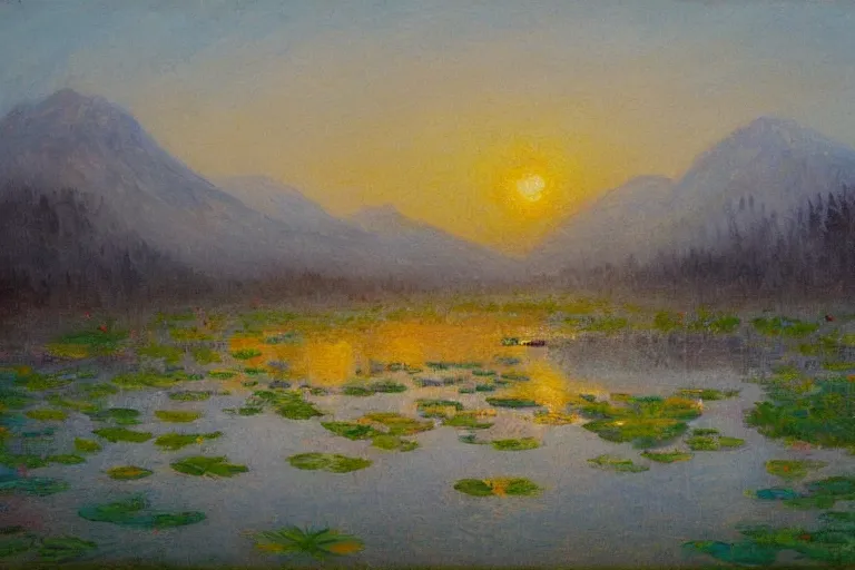 Image similar to impressionism painting of a pond of water lily on a foggy morning, sun low on horizon through snow capped mountains, soft light, misty