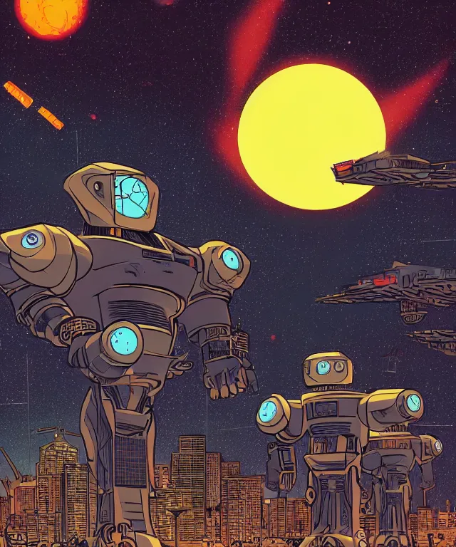 Image similar to gigantic solar robots towering over a small city meteor in the dark starry sky by laurie greasley and kelly freas