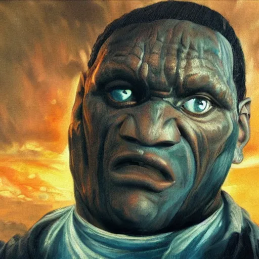 Image similar to balrog from the lord of the rings in the style of an oil painting, direction by peter jackson, still from the movie