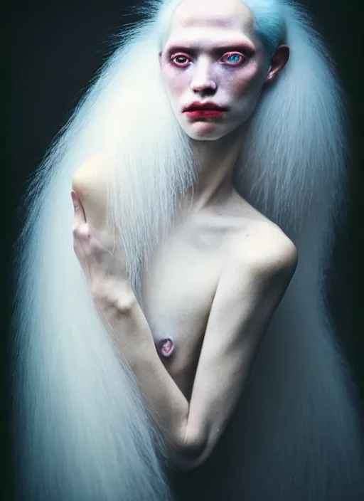 Image similar to cinestill 5 0 d photo portrait of a beautiful hybrid with woman face, body skin aggressive weird marble, white hair floating in air, in style of tim walker by roberto ferri, 1 5 0 mm lens, f 1. 2, ethereal, emotionally evoking, head in focus, bokeh volumetric lighting, tonal colors outdoor