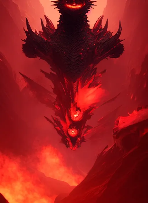 Image similar to black dragon with red demonic eyes on the red smoke background, photorealistic, ultra detailed, trending on artstation, concept art, octane render, unreal engine, by shinji aramaki, by christopher balaskas, by krenz cushart