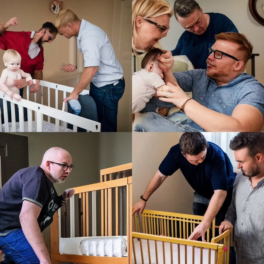 Prompt: A man with glasses catapults a one year old blond boy into a crib
