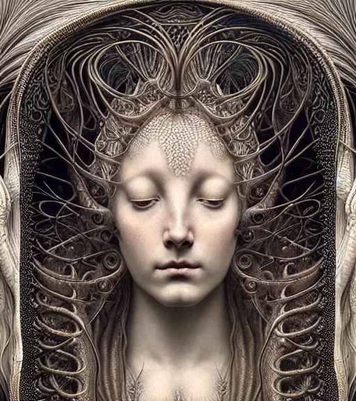 Image similar to detailed realistic beautiful light goddess face portrait by jean delville, gustave dore, iris van herpen and marco mazzoni, art forms of nature by ernst haeckel, art nouveau, symbolist, visionary, gothic, neo - gothic, pre - raphaelite, fractal lace, intricate alien botanicals, ai biodiversity, surreality, hyperdetailed ultrasharp octane render