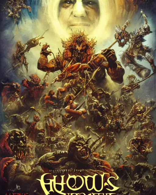 Image similar to Movie poster of Ghouls and Ghosts, Highly Detailed, Dramatic, A master piece of storytelling, wide angle, cinematic shot, highly detailed, cinematic lighting, by frank frazetta + ilya repin , 8k, hd, high resolution print