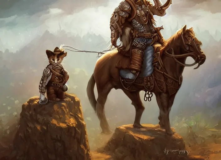 Image similar to cute little cat cowboy sitting on horse, tiny, small, miniature animal, baby animal, short, pale black armor, cute and adorable, pretty, beautiful, dnd character art portrait, matte fantasy painting, deviantart artstation, by jason felix by steve argyle by tyler jacobson by peter mohrbacher, cinematic lighting