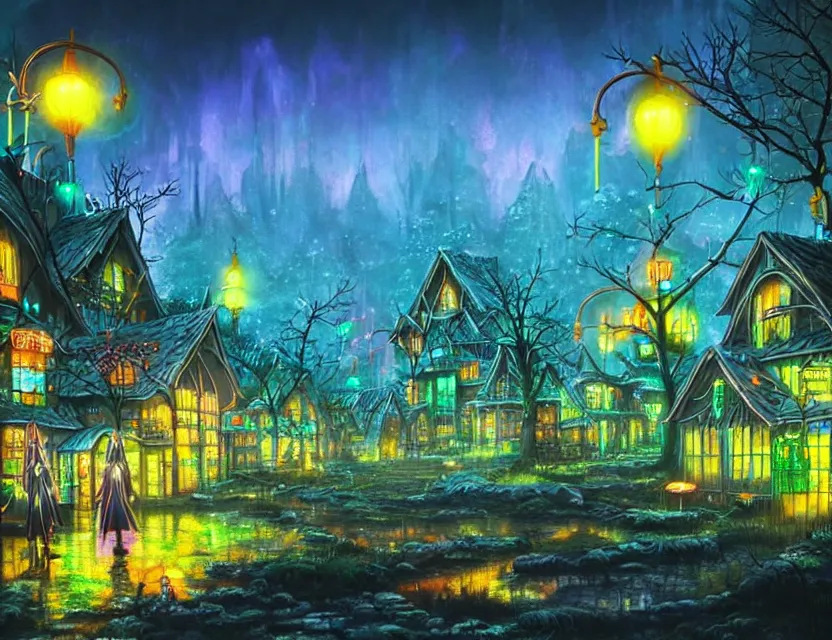 Prompt: elven village with neon signs at a mire. this air brush painting by the award - winning anime artist has an interesting color scheme, plenty of details and impeccable lighting.