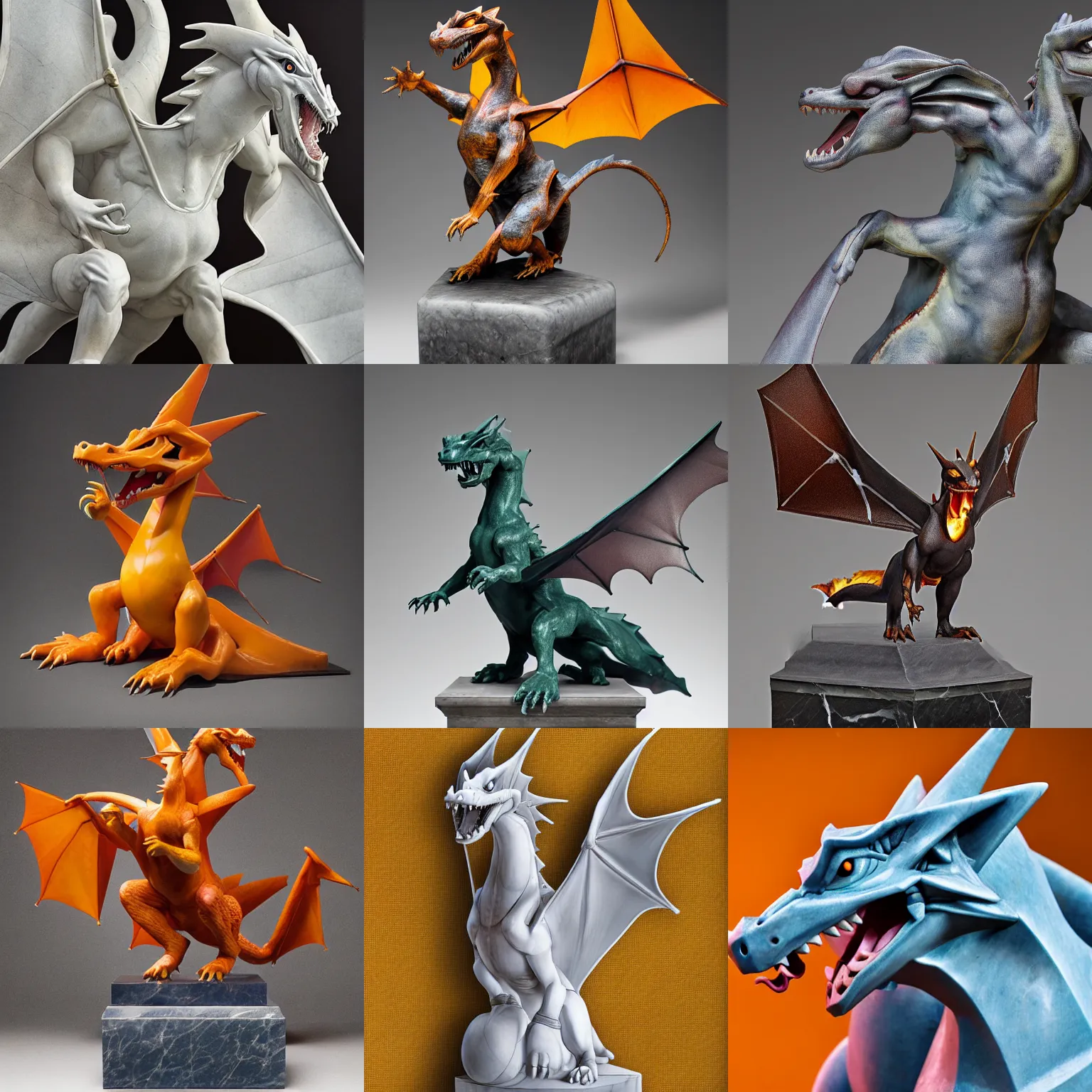 Prompt: a photograph of a highly detailed marble sculpture of a Charizard