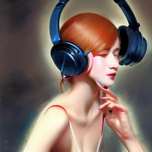 Image similar to a realism illustration of a beautiful woman with headphones dancing by bayard wu