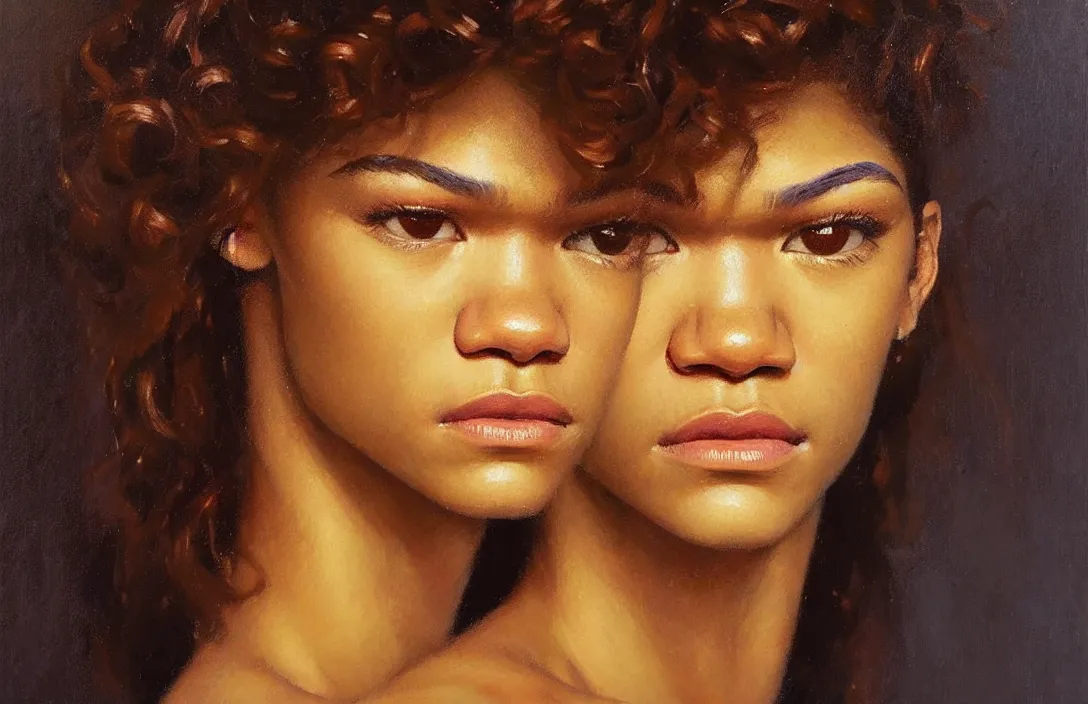 Prompt: portrait of zendaya!!!!!!!!!!!!!!!!!!!!!!!!!!!, detailed face, detailed painting,, epic lighting, by ilya repin, phil hale and kent williams