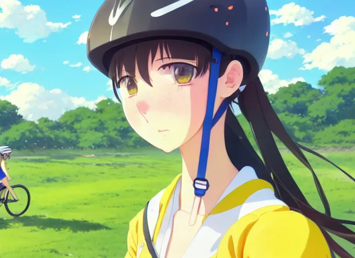 Prompt: portrait of cute girl riding road bike, sunny sky background, lush landscape, illustration concept art anime key visual trending pixiv fanbox by wlop and greg rutkowski and makoto shinkai and studio ghibli and kyoto animation, symmetrical facial features, sports clothing, yellow helmet, nike cycling suit, backlit, aerodynamic frame