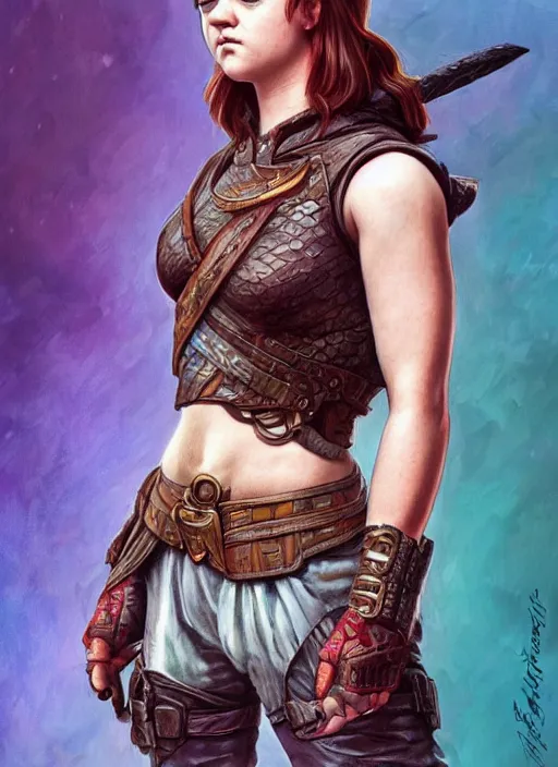 Prompt: Maisie Williams as a ruggedly muscled handsome heroine, rainbow background, intricate, elegant, highly detailed, centered, digital painting, artstation, concept art, smooth, sharp focus, illustration, artgerm, donato giancola, Joseph Christian Leyendecker, WLOP, Artgerm, thunder storm