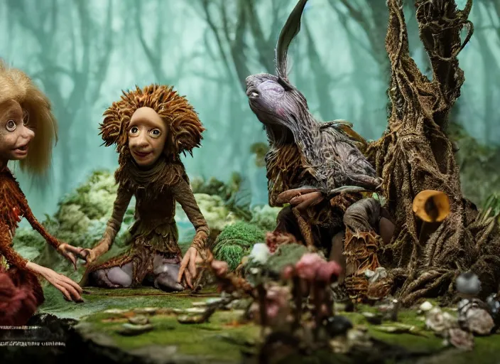 Image similar to studio photography of a fantasy claymation diorama of the dark crystal, zeiss lens, detailed, by erwin olaf, joop geesink, wes anderson, jim henson, brian froud, breathtaking, 8 k resolution, extremely detailed, beautiful, establishing shot, realistic materials, weta digital fx manuka, unreal engine, hyperrealistic