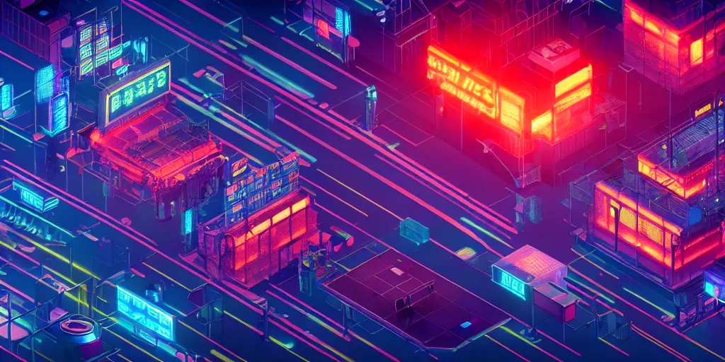 Image similar to isometric room of factory exploding at night in the center of a futuristic sci-fi asian city, signboards, neon lights, blade runner color palette, rendered in octane render by Yasunari Ikenaga, Yamato, Macross