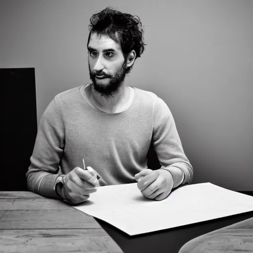 Prompt: portrait of a 3 0 years old frenchman in 2 0 2 0 seated at a table. award winning photography, 5 0 mm, studio lighting, black and white, contrasted.