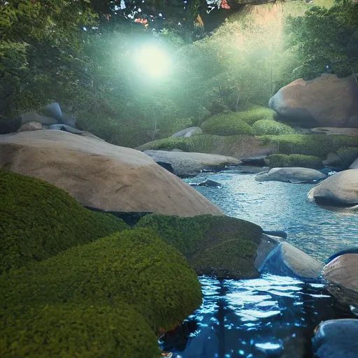 Image similar to a beautiful landscape, river, rocks, trees, volumetric lighting, octane render, nvidia raytracing demo
