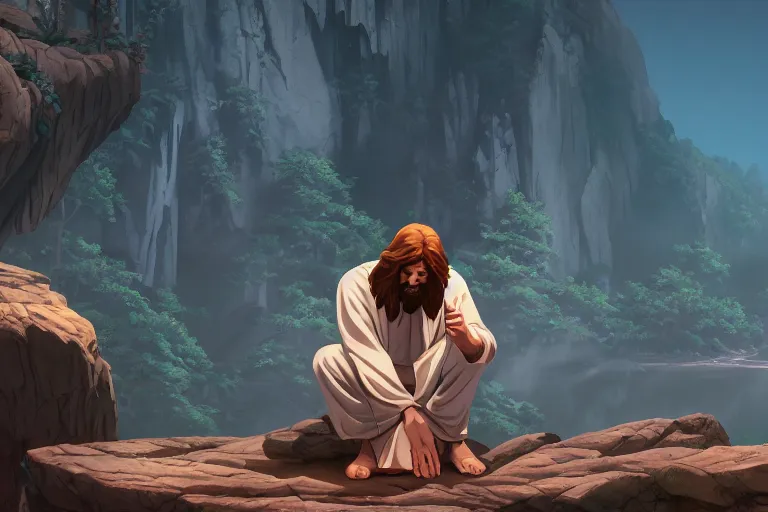 Prompt: a portrait of jesus praying, rocky, fantasy by dan mumford, yusuke murata and makoto shinkai, 8 k, cel shaded, unreal engine, featured on artstation, pixiv