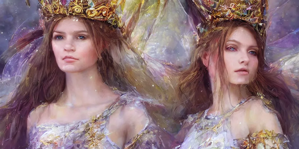 Image similar to hyperrealist portrait of a fairy girl emperorit is decorated with long robes that fall like stars and wears a huge crown. by daniel f. gerhartz, fantasy art, photo realistic, dynamic lighting, artstation, poster, volumetric lighting, very detailed faces, 4 k, award winning