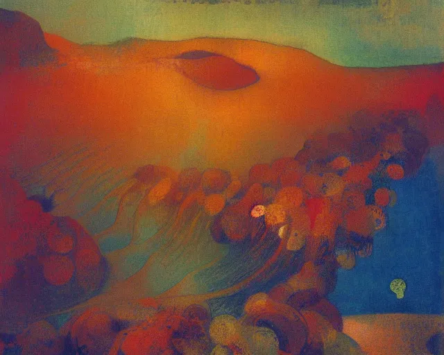 Image similar to A wild, insane, modernist landscape painting. Wild energy patterns rippling in all directions. Curves, organic, zig-zags. Saturated color. Mountains. Clouds. Rushing water. Waves. Psychedelic dream world. Odilon Redon.