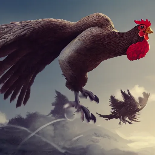 Prompt: a man running from a huge chicken flapping its wings, illustration, digital art, matte painting, trending on artstation