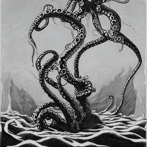 Prompt: a tentacled abomination surfacing on the shores of an underground ocean, cavern, dark