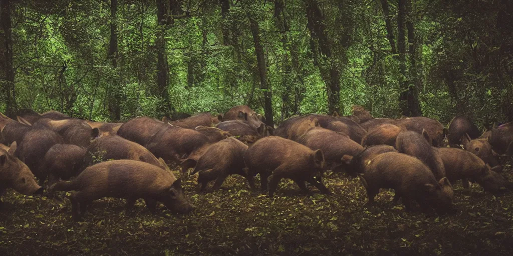 Prompt: a trap camera night photo of a big group of wild boars in a forest, real, photography