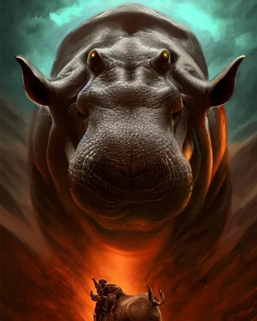 Image similar to Hippo, Anthropomorphized, portrait, as evil warlord general on skull throne, magic the gathering artwork, D&D, fantasy, cinematic lighting, centered, symmetrical, highly detailed, digital painting, artstation, concept art, smooth, sharp focus, illustration, volumetric lighting, epic Composition, 8k, art by Akihiko Yoshida and Greg Rutkowski and Craig Mullins, heroic pose, oil painting, cgsociety, Battlefield background, explosions, arrows