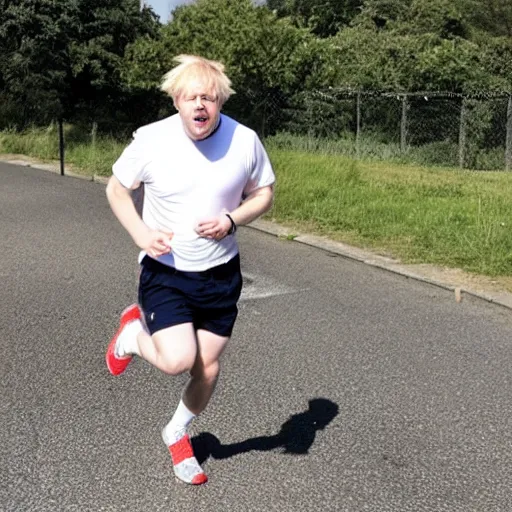 Image similar to Photo of Boris Johnson running, wearing a white t shirt and red shorts with a design of white flowers on them, sweaty