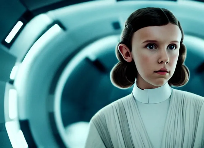 Image similar to film still of!!!! millie bobby brown!!! as princess leia in star wars movie, hair pulled back, closeup portrait, wearing long white robe, deep focus, exploring interior of a spaceship, glamour pose, dramatic lighting, octane, mist, volumetric lighting, 8 k