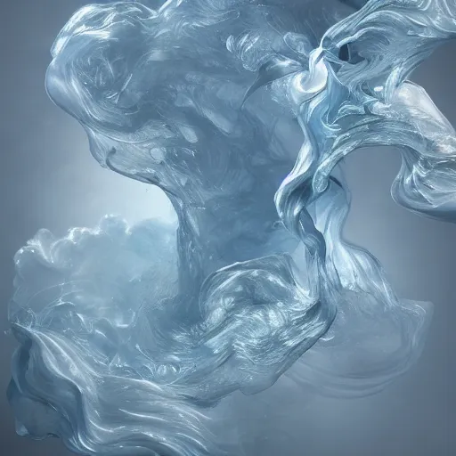 Image similar to A beautiful form made of pale blue smoke in the style of Aldo Katayanagi + Thick Milky Smoke + Mother Of Pearl +Milk and ink+ Creamy smoky Elements + Moody Cinematic Lighting + Deep Shadows + Hyper Realistic + Intricate Eldritch tendrils + 8K portrait + fluid dynamics