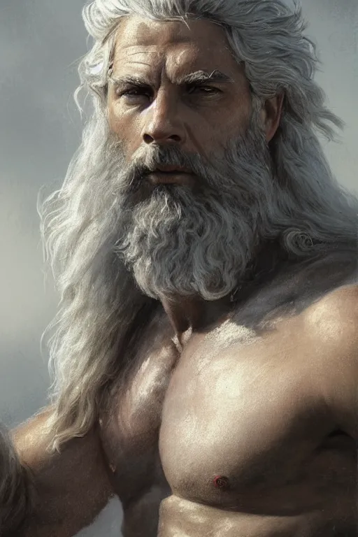 Image similar to painted portrait of rugged zeus, god of thunder, greek god, white hair, masculine, mature, handsome, upper body, muscular, hairy torso, fantasy, intricate, elegant, highly detailed, digital painting, artstation, concept art, smooth, sharp focus, illustration, art by gaston bussiere and greg rutkowski