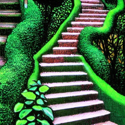 Image similar to lush garden stairs, by mc escher