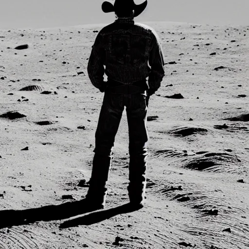 Image similar to a cowboy standing on the surface of the moon, 5 0 mm