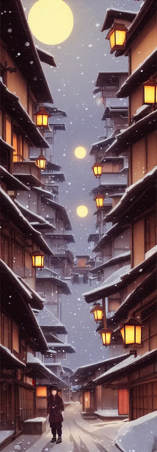 Image similar to empty rural japanese town at night, winter, in the style of studio ghibli, j. c. leyendecker, greg rutkowski, artem