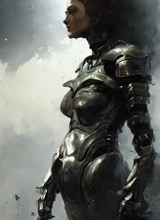 Prompt: epic woman portrait in armour made out of strongest metal gear by greg rutkowski and craig mullins