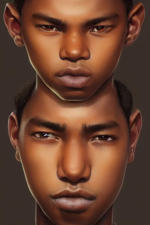 Image similar to young teenager boy with straight short brown hair, dark skin, big lips. highly detailed, d & d, fantasy, highly detailed, digital painting, trending on artstation, concept art, sharp focus, illustration, art by artgerm and greg rutkowski and fuji choko and viktoria gavrilenko and hoang lap